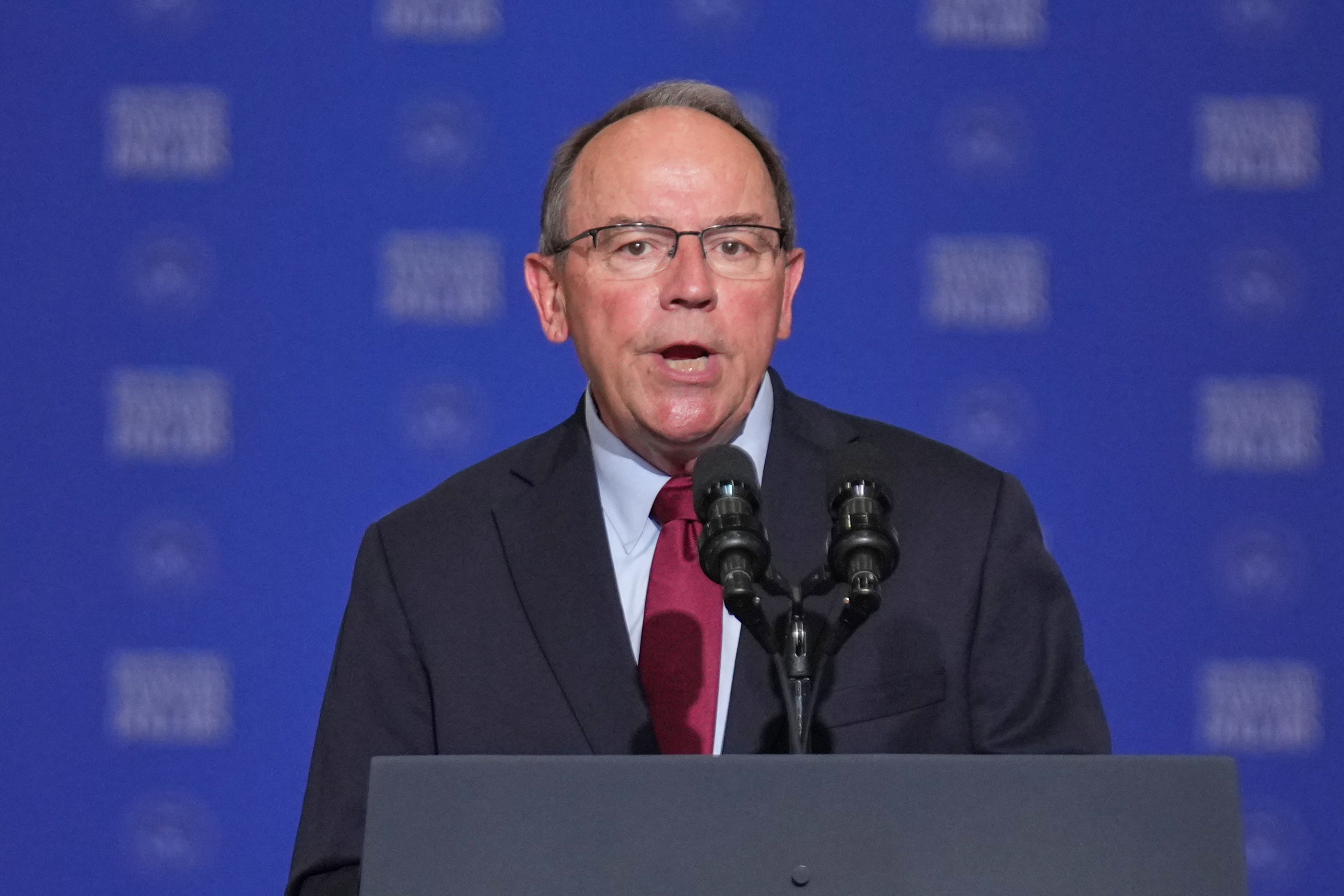 Rep. Tom Tiffany, R-Wis., speaks at the Wisconsin Air National Guard facility at Milwaukee Mitchell International Airport, July 8, 2026, in Milwaukee.
